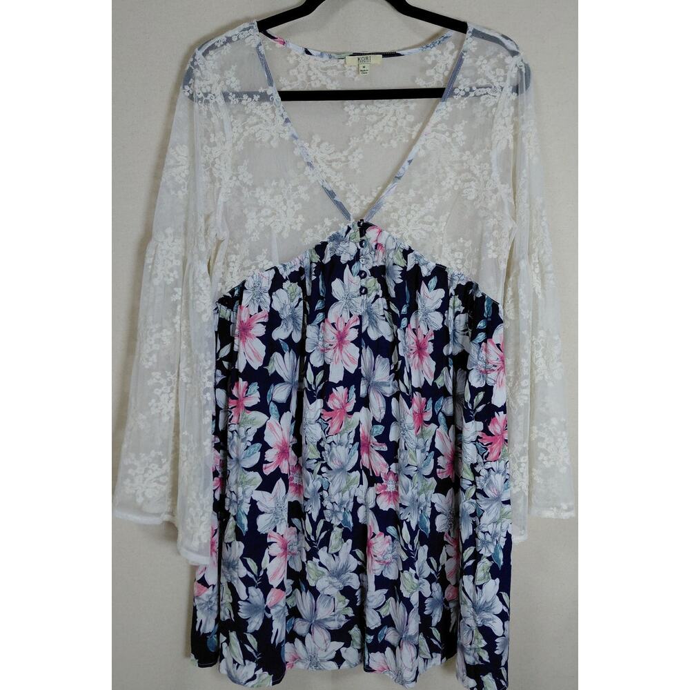 KORI AMERICA Floral Lace Dress White Blue Long Sleeve V-Neck Knee Length Size M